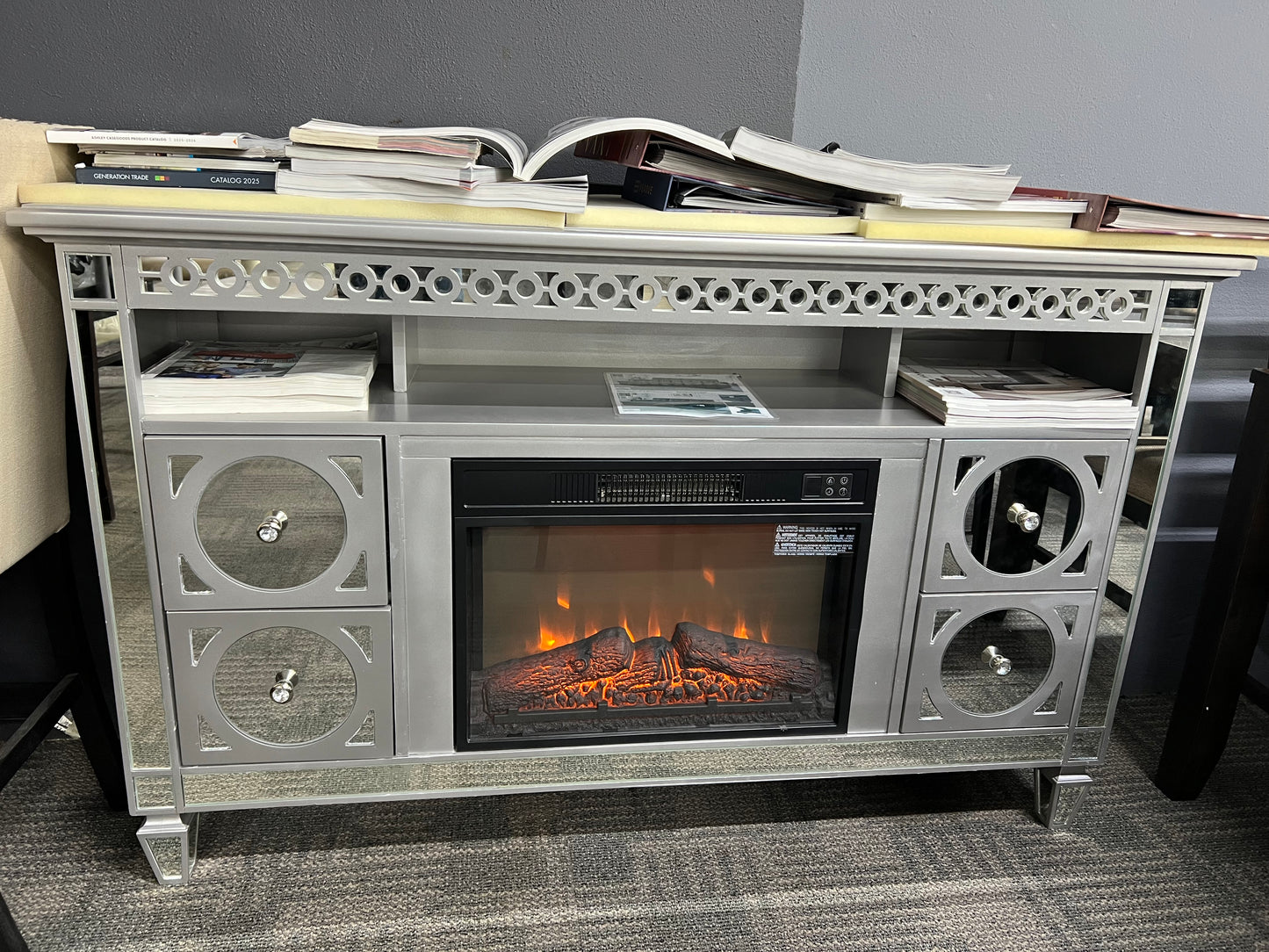 FLOOR SAMPLE -SILVER TV FIRE STAND