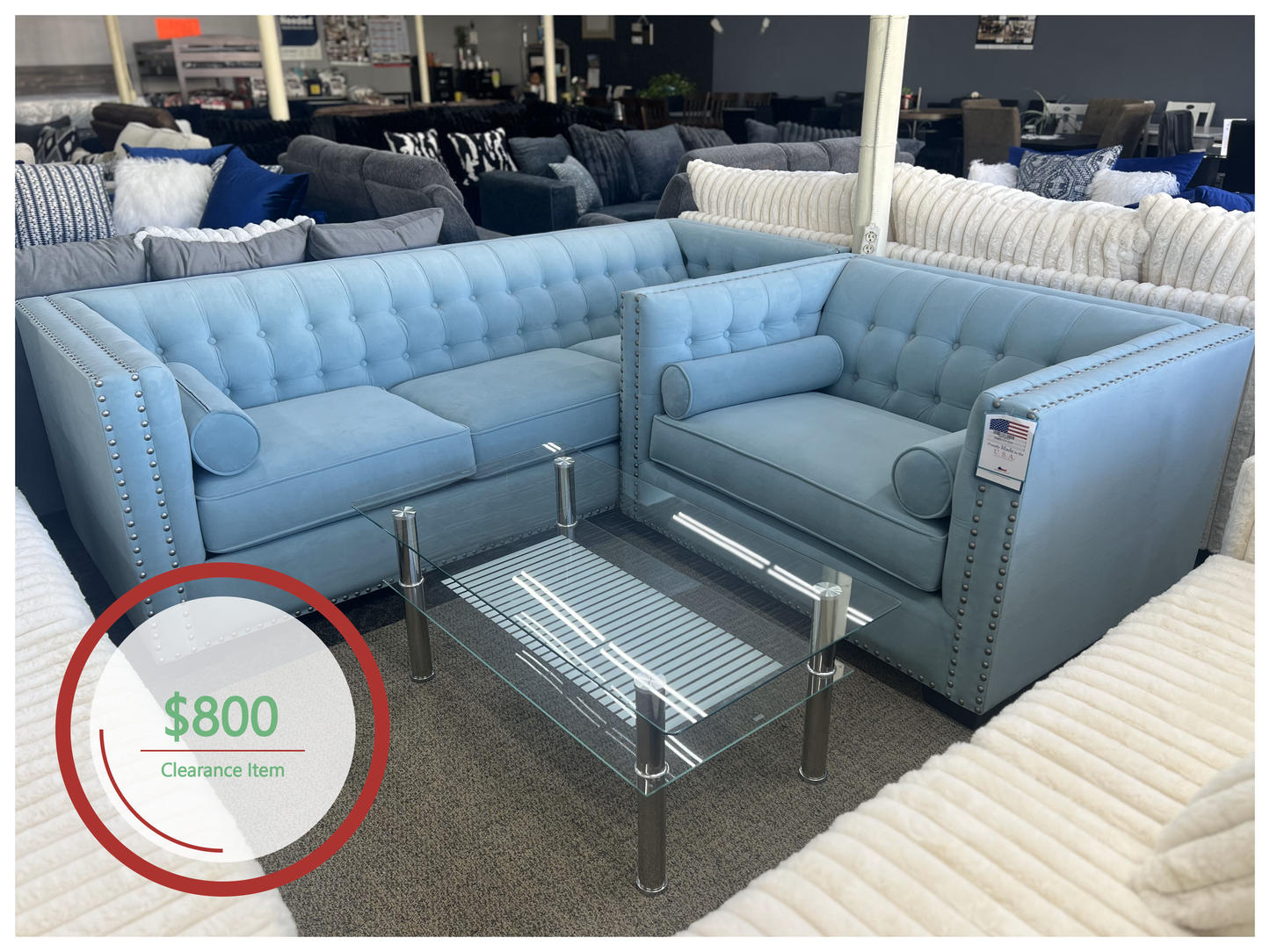 CLEARANCE - LIGHT BLUE SOFA AND CHAIR