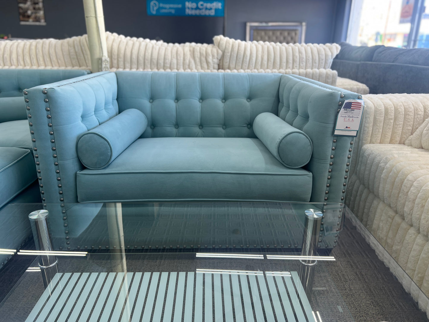 CLEARANCE - LIGHT BLUE SOFA AND CHAIR